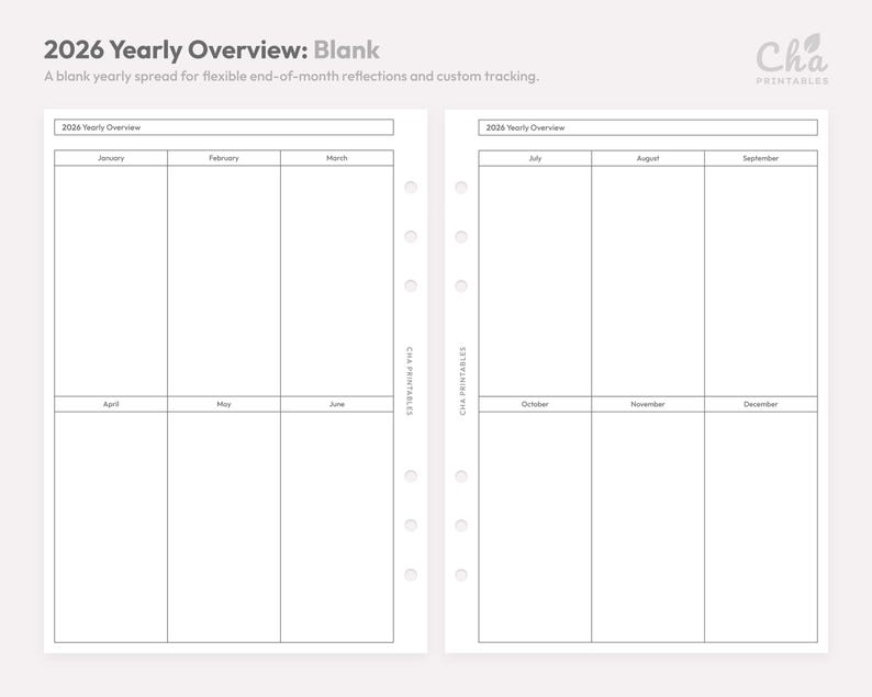 May include: A blank, white 2026 yearly overview planner spread. The left page shows January through June, and the right page shows July through December. The text "2026 Yearly Overview: Blank" is at the top.