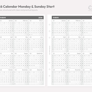 May include: Two 2026 calendar pages with punch holes on the left side. The left page shows a Monday start, and the right page shows a Sunday start. Each page displays twelve months in a grid format with English and Japanese text headers.