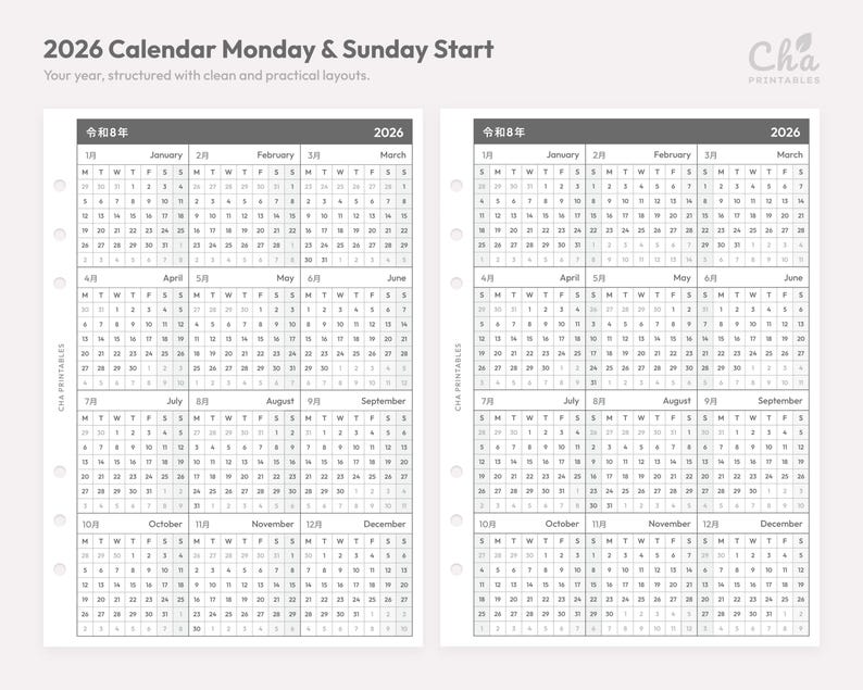 May include: Two 2026 calendar pages with punch holes on the left side. The left page shows a Monday start, and the right page shows a Sunday start. Each page displays twelve months in a grid format with English and Japanese text headers.