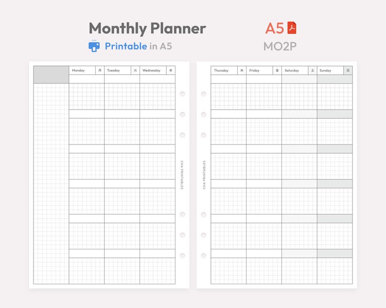 Monthly Planner Inserts A5 Printable - Undated Ring Binder Refill Pages ...