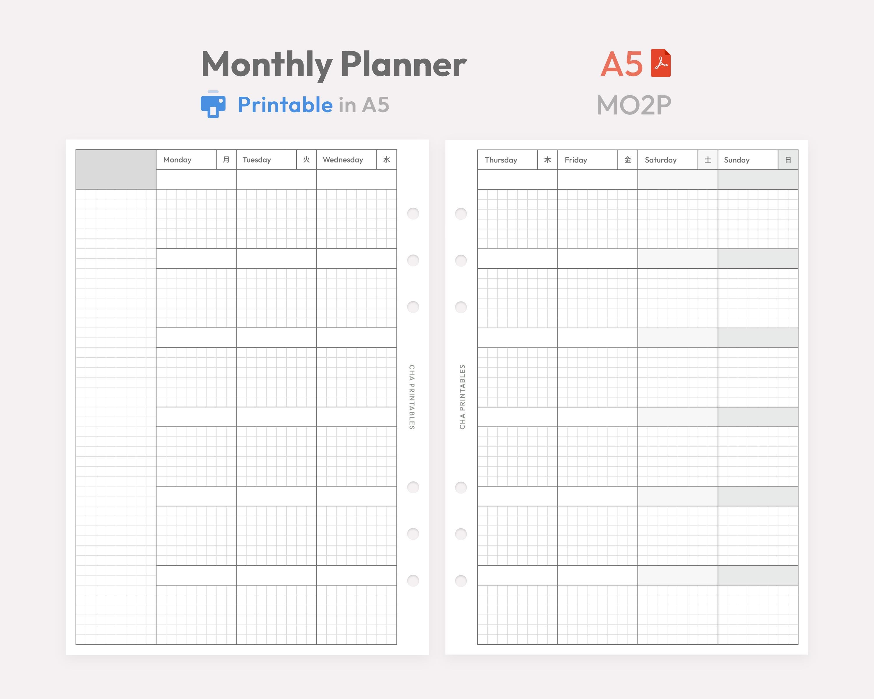 Monthly Planner Inserts A5 Printable - Undated Ring Binder Refill Pages ...