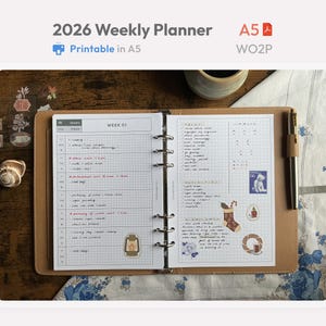 Afdrukbare A5-weekplanner voor 2026 – horizontaal weekblad met rasterpagina – invoegsel in Hobonichi-stijl