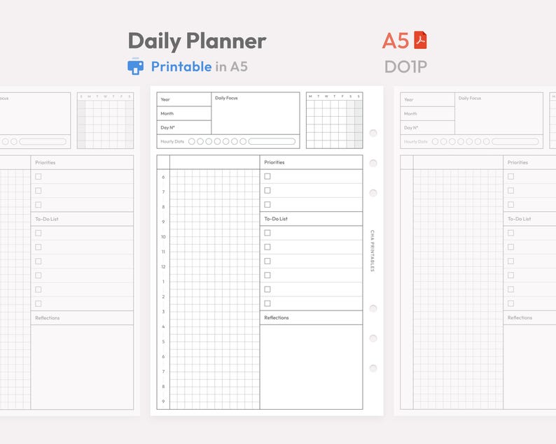 Daily Planner Inserts A5 Size Printable - Undated Ring Binder Refill ...