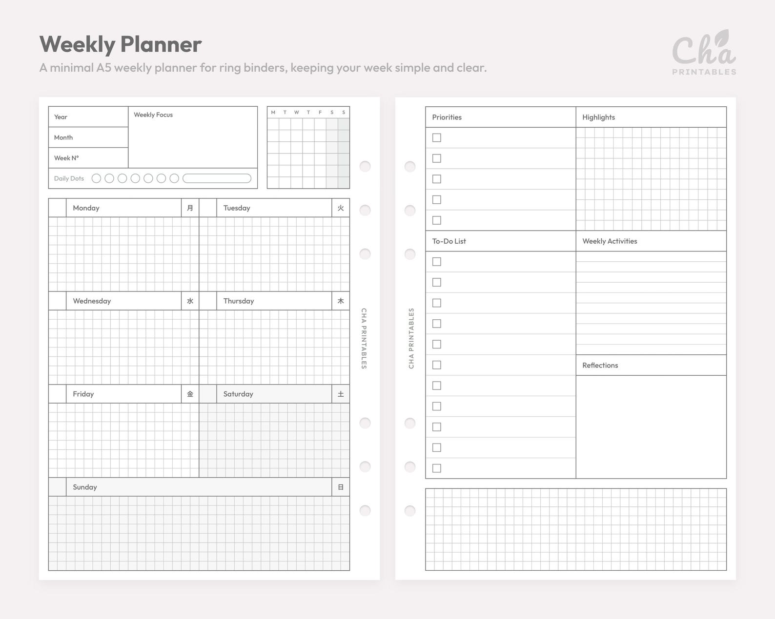 Weekly Planner Inserts A5 Size Printable - Undated Ring Binder Refill ...
