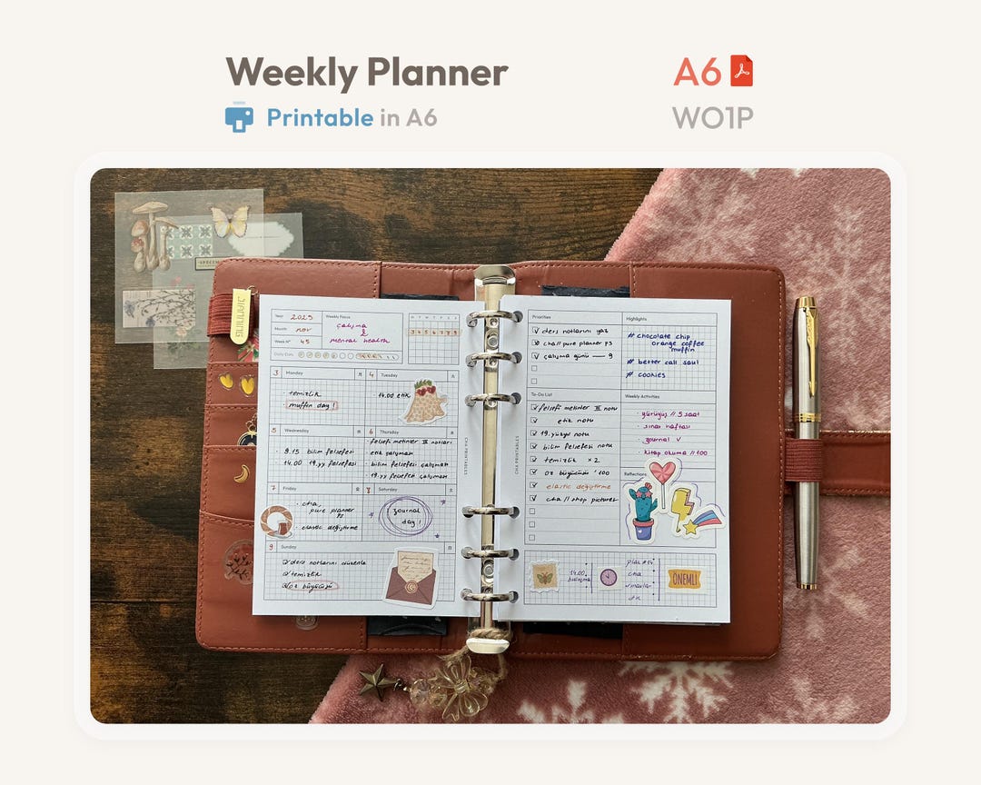 Weekly Planner Inserts A6 Size Printable - Undated Ring Binder Refill ...