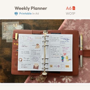 Planificador semanal imprimible tamaño A6 - Hojas de repuesto para carpeta de anillas sin fecha - Planificador minimalista en PDF WO1P - Plantilla limpia estilo Hobonichi