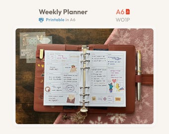 Weekly Planner Inserts A6 Size Printable -  Undated Ring Binder Refill Pages - Minimal PDF WO1P Planner - Hobonichi Style Clean Template