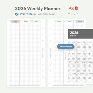 May include: A 2026 weekly planner with a grid layout, featuring a calendar and the text "Printable in Personal Size." The planner includes a calendar for the year 2026 and the text "2026 Calendar."