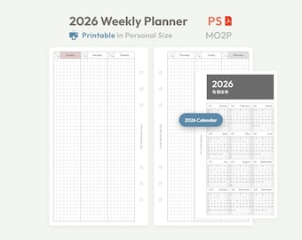 2026 Personal Size Weekly Planner Inserts - Dated Vertical Layout Ring Binder Refill - Minimalist Hobonichi PDF WO2P - 2026 Calendar