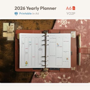 Planer roczny na rok 2026, wkładki kwartalne A6 do druku – Przegląd roczny – Minimalistyczny segregator w formacie PDF YO2P