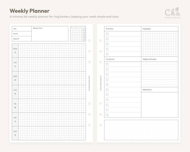 A6 Weekly Planner Inserts Printable - Horizontal Undated Minimal Ring ...