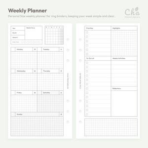 May include: A white weekly planner insert with a grid layout for ring binders. The planner includes sections for daily tasks, priorities, and weekly activities. The text "Weekly Planner" and "Cha Printables" are visible.