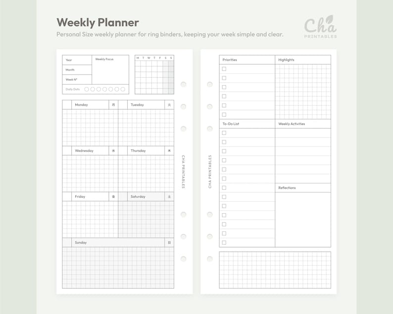 May include: A white weekly planner insert with a grid layout for ring binders. The planner includes sections for daily tasks, priorities, and weekly activities. The text "Weekly Planner" and "Cha Printables" are visible.