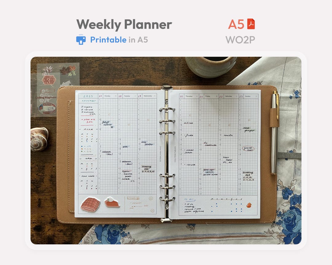 Weekly Planner Inserts A5 Size Printable - Undated Ring Binder Refill ...