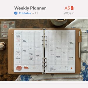 Weekly Planner Inserts A5 Size Printable - Undated Ring Binder Refill Pages - Minimal PDF WO2P Planner - Hobonichi Style Clean Template