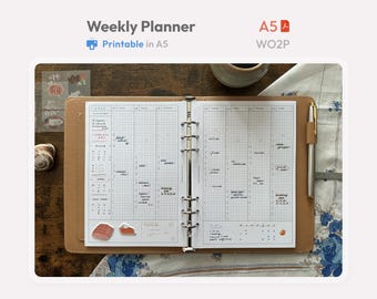 Weekly Planner Inserts A5 Size Printable - Undated Ring Binder Refill Pages - Minimal PDF WO2P Planner - Hobonichi Style Clean Template
