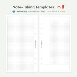 Könnte beinhalten: Zwei weiße, druckbare Notizvorlagen mit Raster- und Liniendesigns. Die Vorlagen sind für Planer im persönlichen Format und enthalten den Text "Note-Taking Templates" und "Printable in Personal Size Grid Line & More".