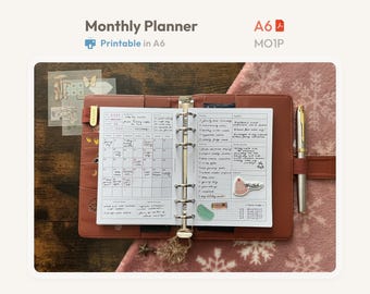 Monthly Planner Inserts A6 Size Printable -  Undated Ring Binder Refill Pages - Minimal PDF MO1P Planner - Hobonichi Style Clean Template