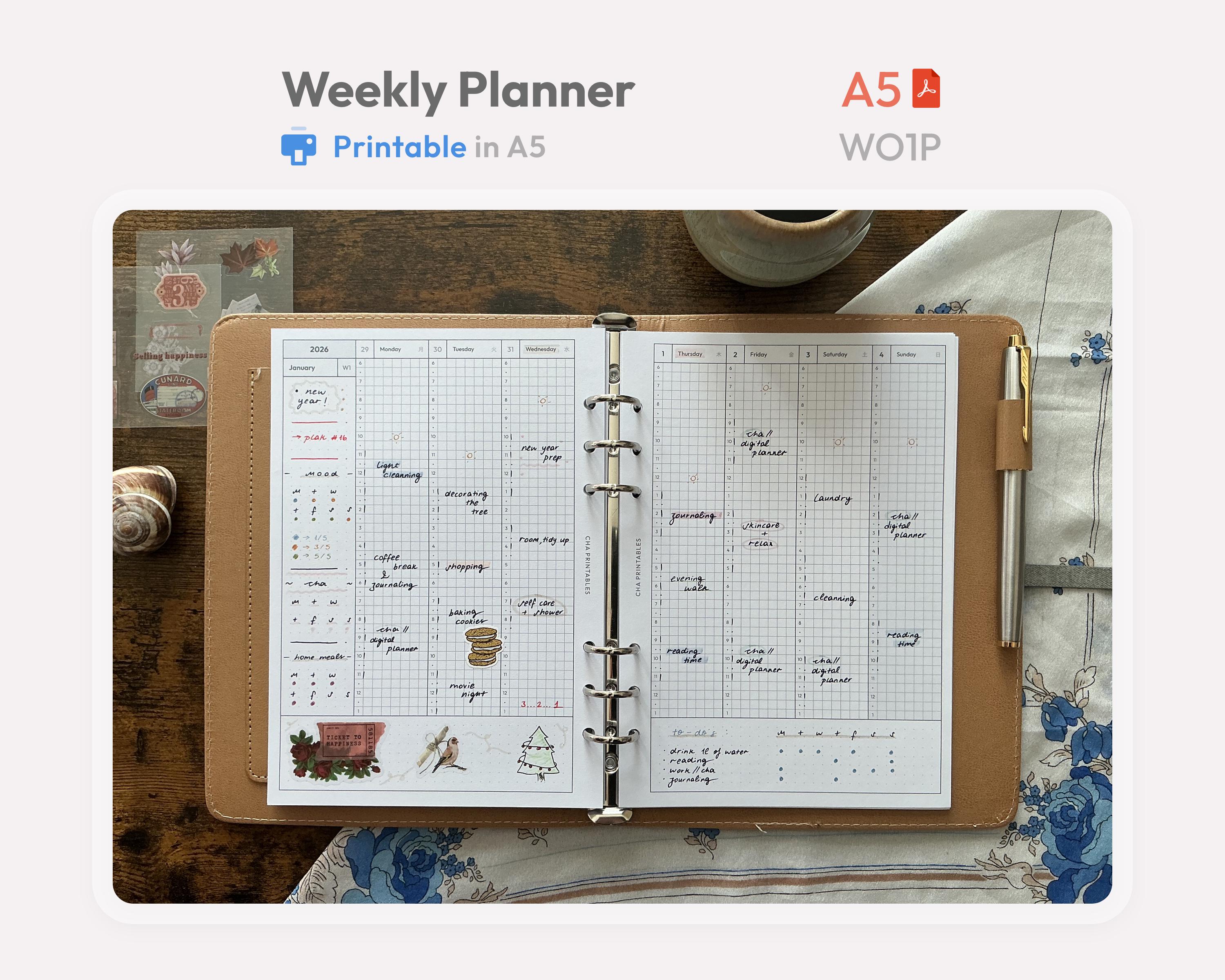 A5 Weekly Planner Inserts Printable - Horizontal Undated Minimal Ring ...