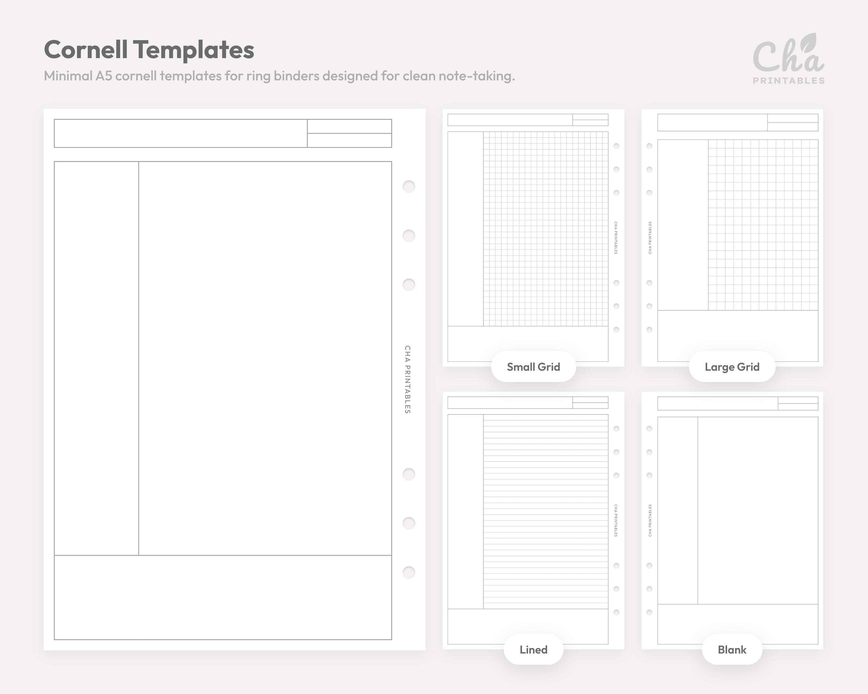 Note-taking Inserts A5 Size Printable - Grid Lined Dotted Cornell Ring ...