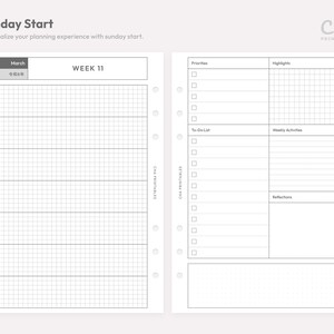 May include: A two-page weekly planner insert with a Sunday start. The left page features a grid layout for days 8 through 14 of March 2026. The right page includes sections for priorities, highlights, a to-do list, weekly activities, and reflections.