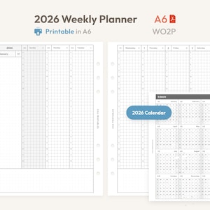Wochenplaner-Einlagen 2026, A6-Format, zum Ausdrucken – Datierte Ringbuch-Nachfüllseiten – Minimales PDF WO2P – Hobonichi-Stil