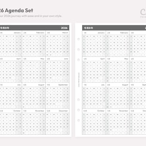 May include: A 2026 agenda set featuring two identical printable calendar pages with a white background and black text. Each page displays a full-year grid with months from January to December, including Japanese characters for each month and year.