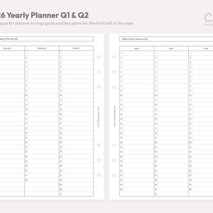 May include: A white 2026 yearly planner with Q1 and Q2 sections. The planner includes sections for January, February, March, April, May, and June. The text "CHA PRINTABLES" is visible on the side.