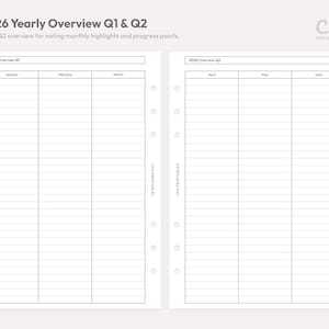 May include: A white printable planner page with the text "2026 Yearly Overview Q1 & Q2". The page is divided into sections for monthly highlights and progress points. The planner includes sections for January, February, March, April, May, and June.