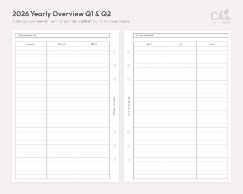 May include: A white printable planner page with the text "2026 Yearly Overview Q1 & Q2". The page is divided into sections for monthly highlights and progress points. The planner includes sections for January, February, March, April, May, and June.