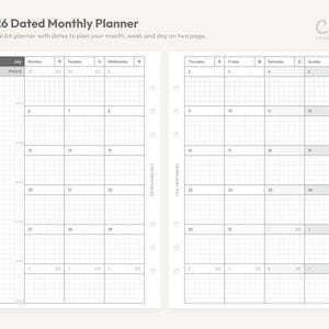 K&ouml;nnte beinhalten: Ein datierter Monatsplaner f&uuml;r 2026 im A6-Format mit einem Rasterlayout auf zwei Seiten. Der Text lautet 2026 Dated Monthly Planner, Minimal A6 planner with dates to plan your month, week and day on two page sowie Cha Printables. Er hat Lochungen.