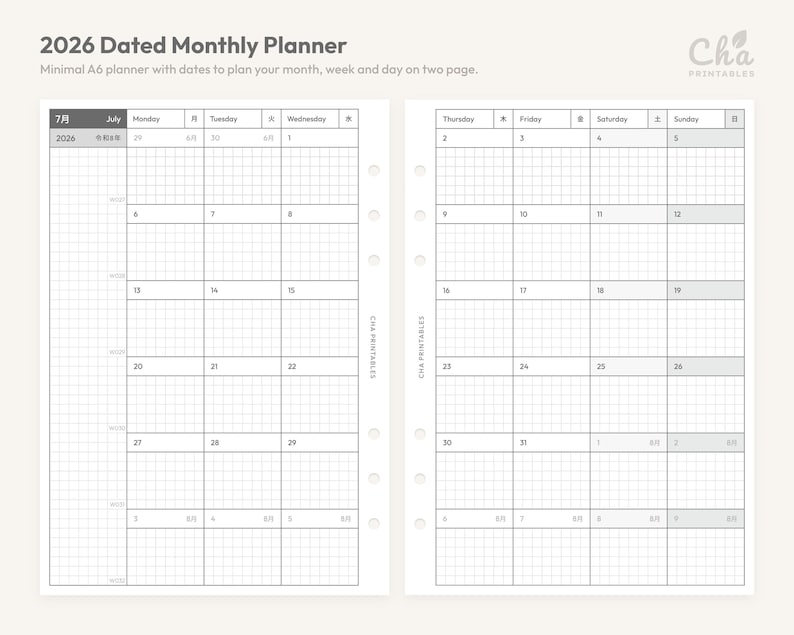 K&ouml;nnte beinhalten: Ein datierter Monatsplaner f&uuml;r 2026 im A6-Format mit einem Rasterlayout auf zwei Seiten. Der Text lautet 2026 Dated Monthly Planner, Minimal A6 planner with dates to plan your month, week and day on two page sowie Cha Printables. Er hat Lochungen.
