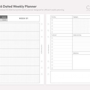 May include: A 2026 dated weekly planner A5 insert featuring a horizontal layout. The left page shows a grid for daily entries with English and Japanese day names. The right page includes sections for priorities, highlights, to-do lists, and reflections.