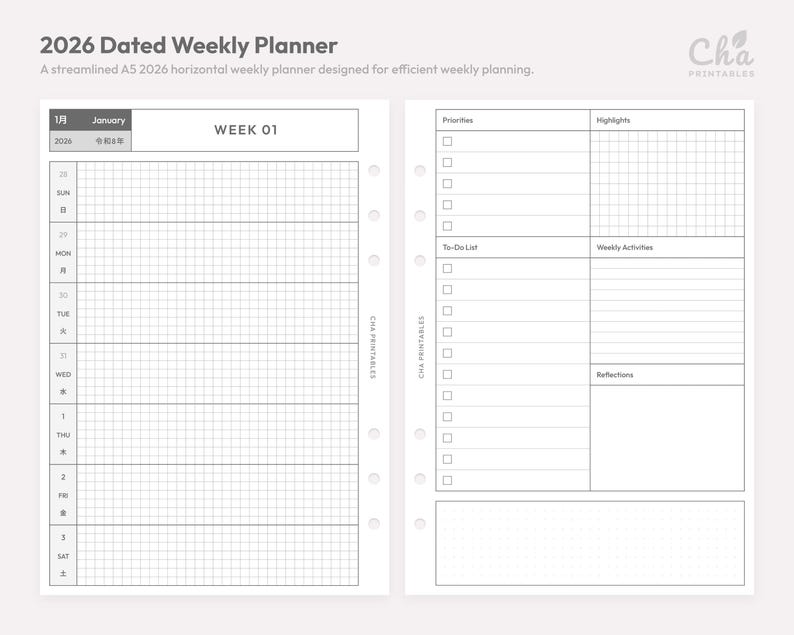 May include: A 2026 dated weekly planner A5 insert featuring a horizontal layout. The left page shows a grid for daily entries with English and Japanese day names. The right page includes sections for priorities, highlights, to-do lists, and reflections.