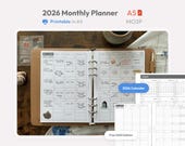 2026 Monthly Planner Inserts A5 Size Printable -  Dated Ring Binder Refill Pages Calendar - Minimal PDF MO2P Planner - Hobonichi Style