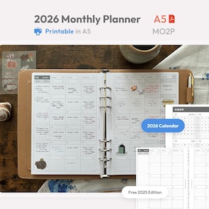2026 Monthly Planner Inserts A5 Size Printable -  Dated Ring Binder Refill Pages Calendar - Minimal PDF MO2P Planner - Hobonichi Style