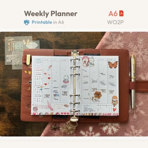 Planificador semanal imprimible tamaño A6 - Hojas de repuesto para carpeta de anillas sin fecha - Planificador minimalista WO2P en PDF - Plantilla limpia estilo Hobonichi