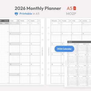 May include: A 2026 monthly planner printable in A5 size, featuring a grid layout with two pages showing a monthly calendar view and a separate 2026 calendar overview page. The design includes black and white text, grid lines, and punch holes.