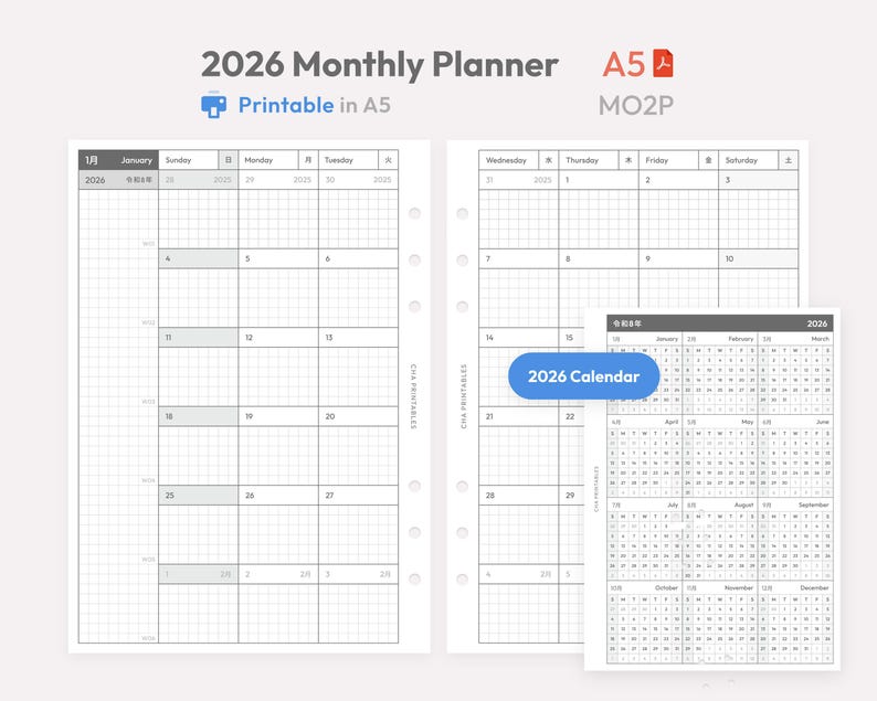 May include: A 2026 monthly planner printable in A5 size, featuring a grid layout with two pages showing a monthly calendar view and a separate 2026 calendar overview page. The design includes black and white text, grid lines, and punch holes.