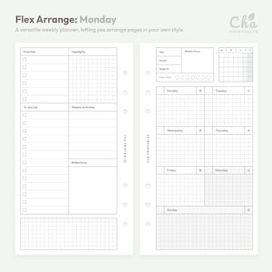 May include: A white weekly planner page with the text "Flex Arrange: Monday" and "A versatile weekly planner, letting you arrange pages in your own style." The planner includes sections for priorities, highlights, to-do list, weekly activities, and reflections.