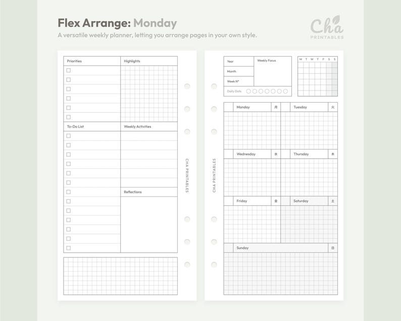 May include: A white weekly planner page with the text "Flex Arrange: Monday" and "A versatile weekly planner, letting you arrange pages in your own style." The planner includes sections for priorities, highlights, to-do list, weekly activities, and reflections.