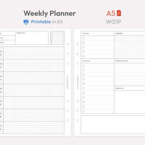 Puede incluir: Un planificador semanal A5 imprimible en blanco con un diseño de cuadrícula para la programación. El planificador incluye secciones para el enfoque semanal, las prioridades, las listas de tareas y las reflexiones. El texto "Weekly Planner" y "Printable in A5" están en la parte superior.