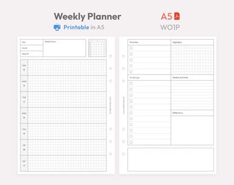 A5 Horizontal Weekly Planner Inserts – Undated Minimalist Ring Binder Refill (PDF Download)
