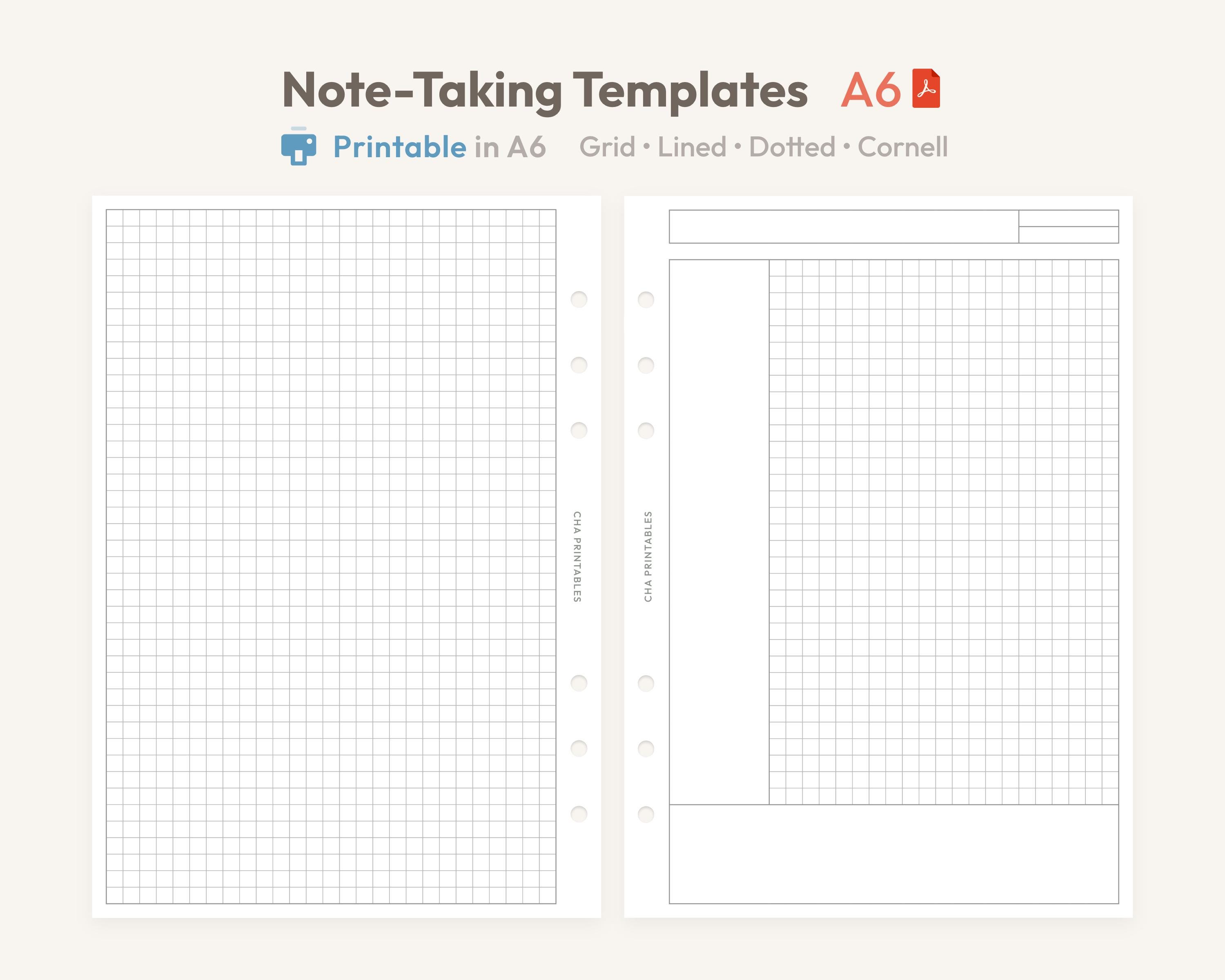 Note-taking Inserts A6 Size Printable - Grid Lined Dotted Cornell Ring ...
