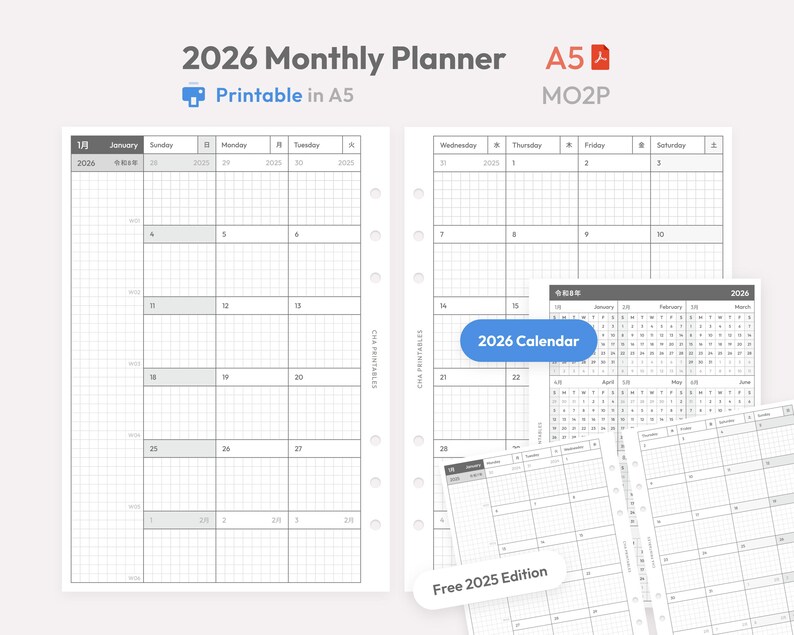 2026 Monthly Planner Inserts A5 Size Printable - Dated Ring Binder ...