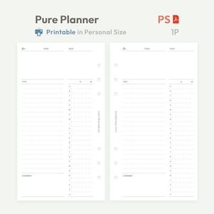 May include: A printable planner page with the text "Pure Planner" and "Printable in Personal Size." The page is divided into sections for tasks, date, goal, and comments, with a time-based schedule from 5 AM to 4 PM.