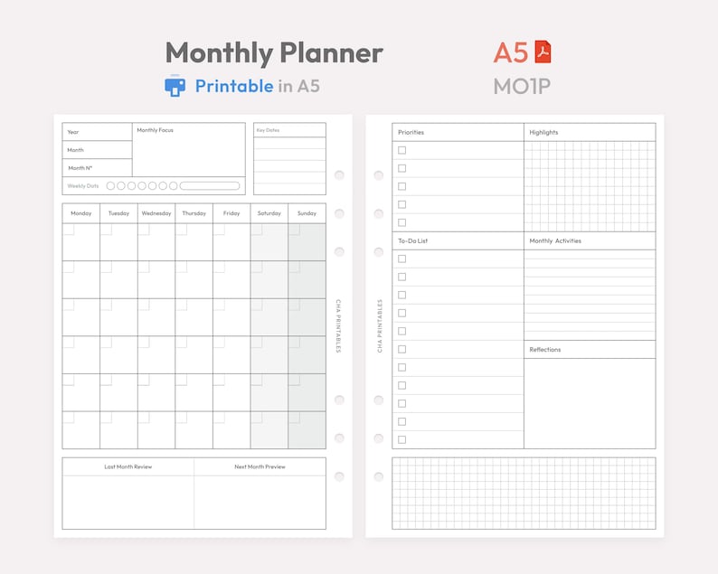 Monthly Planner Inserts A5 Size Printable - Undated Ring Binder Refill ...