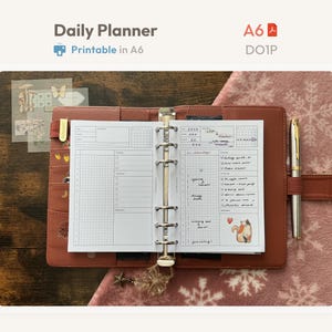 Recambios imprimibles para agenda diaria tamaño A6 - Hojas de recambio sin fecha para carpeta de anillas - Plantilla minimalista PDF DO1P - Estilo Hobonichi
