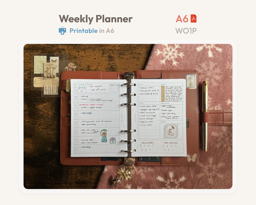 A6 Weekly Planner Inserts Printable - Horizontal Undated Minimal Ring ...
