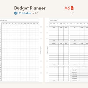May include: A white A6 budget planner printable with spending tracker and monthly budget sections. The planner includes sections for income, expenses, debts, savings, and financial status. Text on the top reads "Budget Planner Printable in A6".